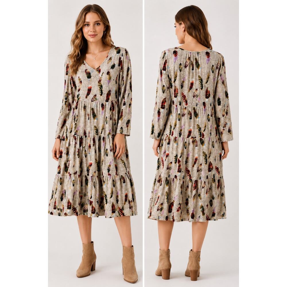 Astrologie Women’s L
Feather Print Tiered Maxi Dress V-Neck Long Sleeve
Oatmeal